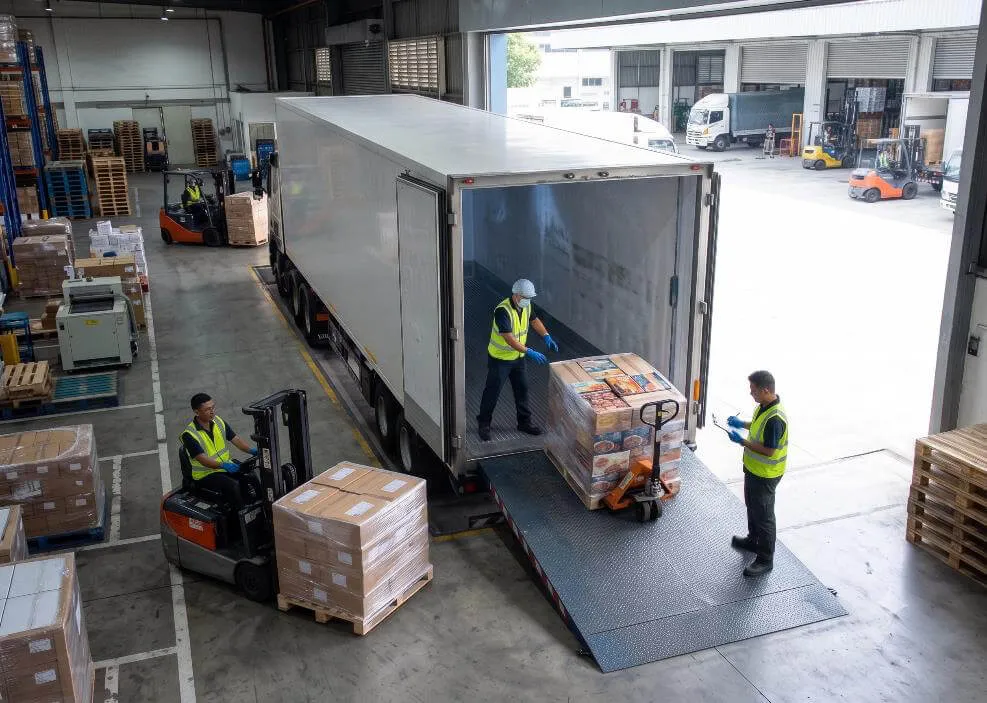Warehouse workers loading refrigerated cargo into a delivery truck
