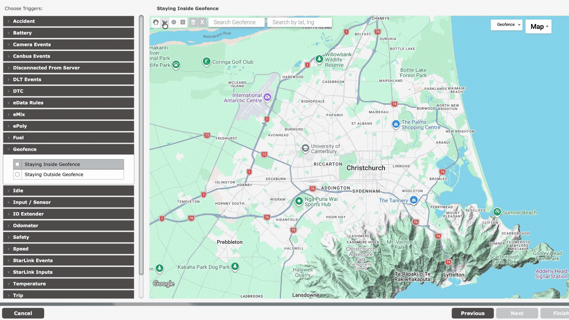 Map interface with red polygon zone, location pins, and vehicle route showing custom geofencing visualisation and boundary monitoring