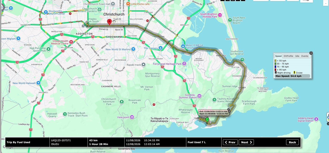 365Trac trip history with speed-coloured route replay
